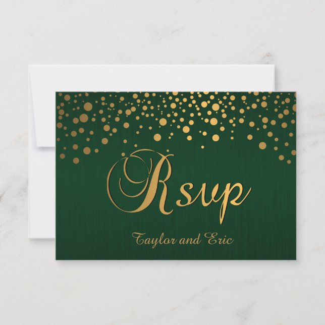 Stilvolle Gold Confetti Dots | Dunkelgrün RSVP Karte (Vorderseite)