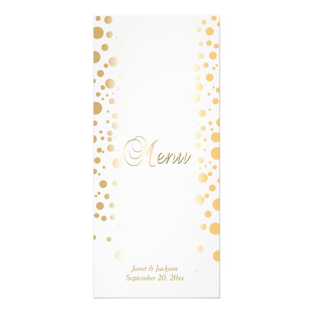 Stilvolle Gold Confetti Dots | Hochzeitsmenü Werbekarte (Vorne)