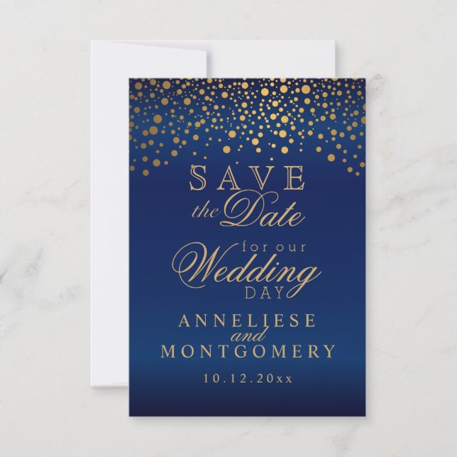 Stilvolle Gold Confetti Dots | Navy Blue Satin Save The Date (Vorderseite)