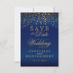 Stilvolle Gold Confetti Dots   Navy Blue Satin Save The Date