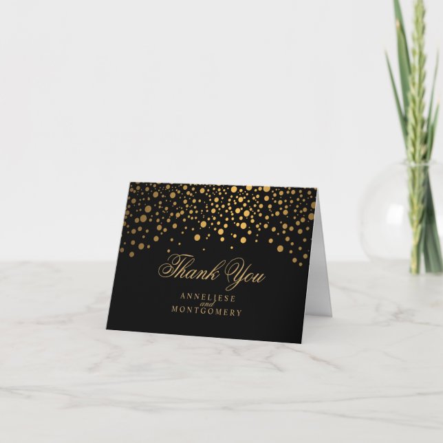 Stilvolle Gold Confetti Dots | Schwarz Dankeskarte (Vorderseite)