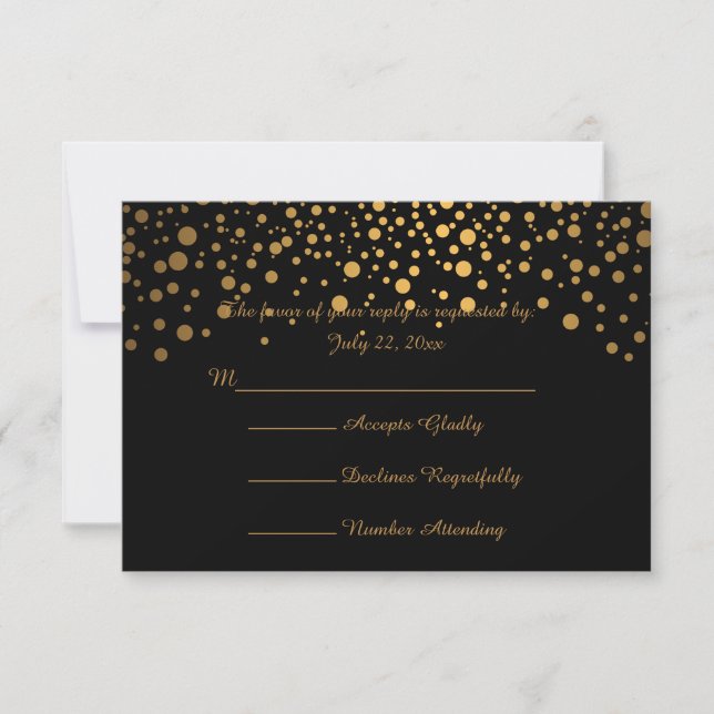 Stilvolle Gold Confetti Dots | Schwarz RSVP Karte (Vorderseite)