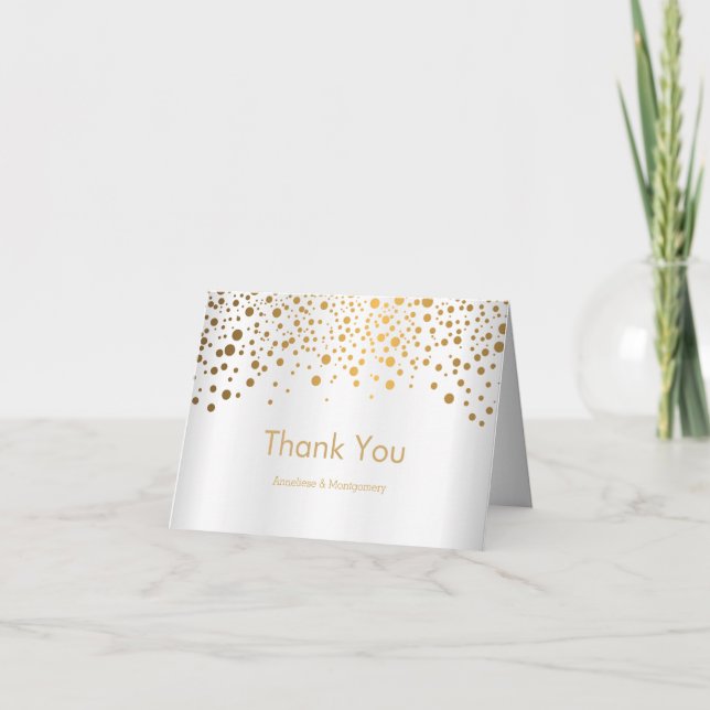 *Stilvolle Gold Confetti Dots | Weiße Satin Dankeskarte (Vorderseite)