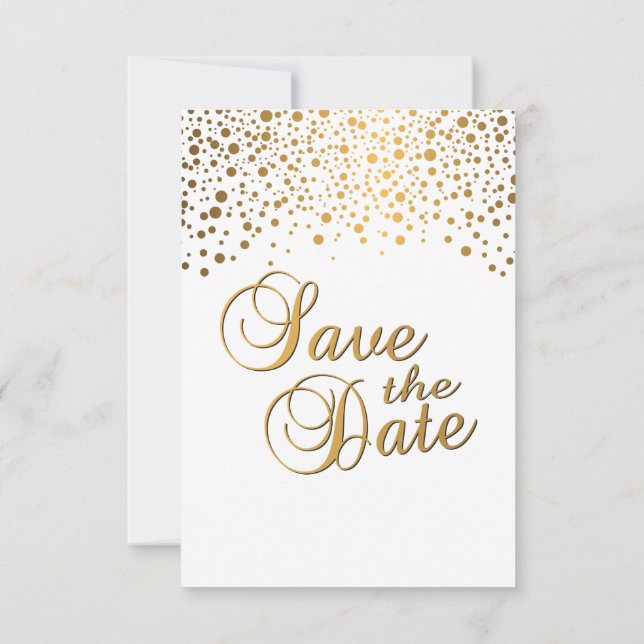 Stilvolle Gold Confetti Dots | Weißer Hintergrund Save The Date (Rückseite)