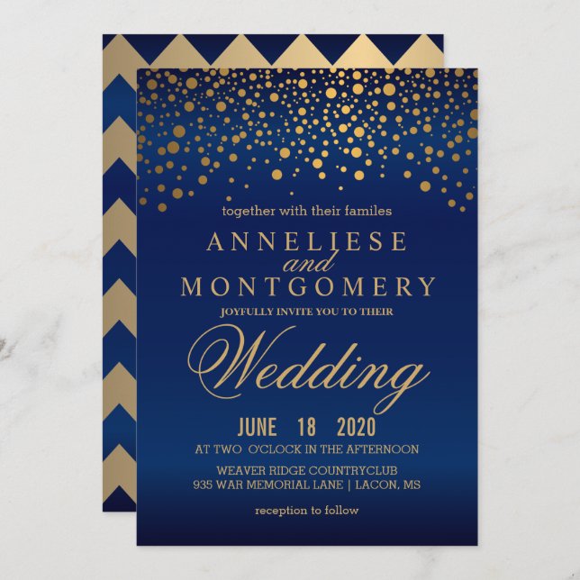 Stilvolle Gold Confetti Navy Blue Wedding Einladun Einladung (Vorne/Hinten)