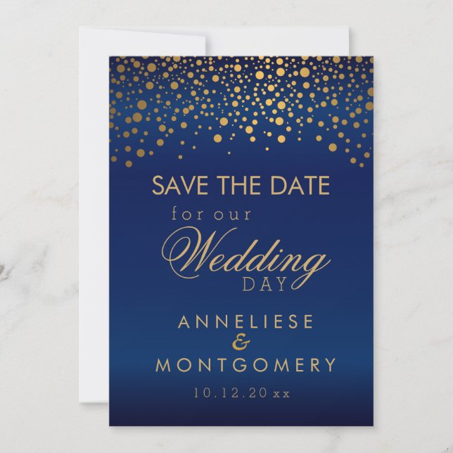 Stilvolle Gold Confetti Punkte auf Navy Blue Satin Save The Date (Vorderseite)