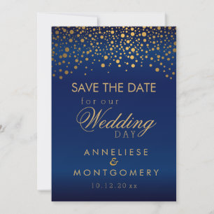 Stilvolle Gold Confetti Punkte auf Navy Blue Satin Save The Date