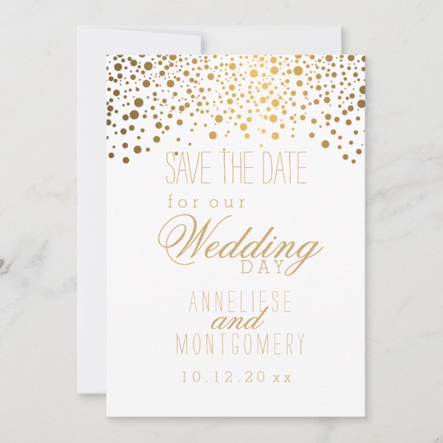 Stilvolle Gold Confetti Punkte auf Weiß Save The Date (Vorderseite)