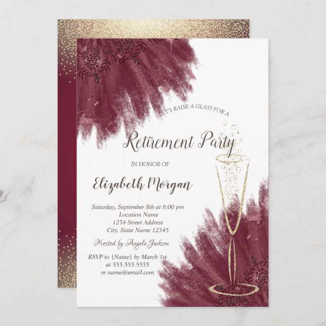 Stilvolle Gold Confetti Weinglas Burgund Einladung (Vorne/Hinten)