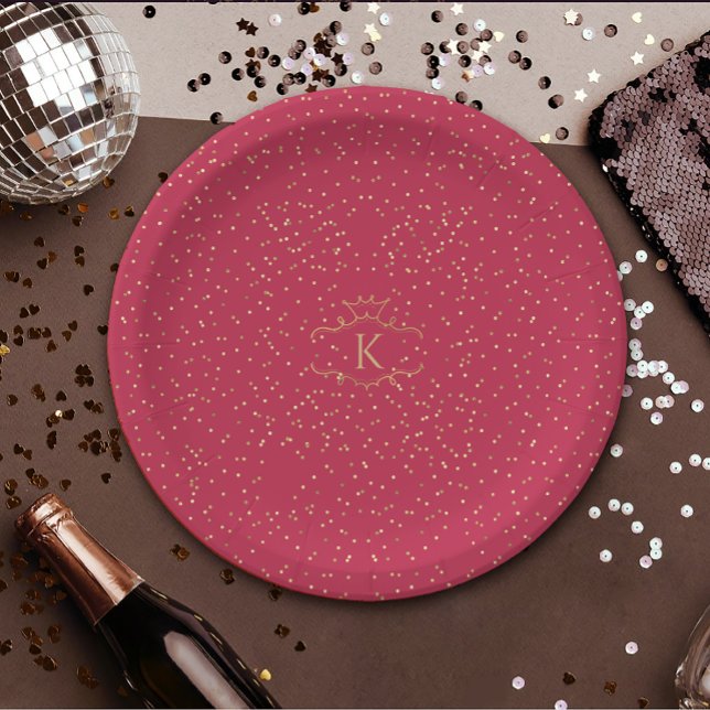 Stilvolle Gold Dots auf Magenta Red Royal Monogram Pappteller (Von Creator hochgeladen)