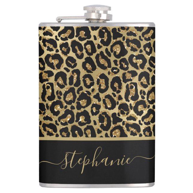Stilvolle Gold Glitzer Leopard Animal Print Monogr Flachmann (Vorderseite)