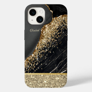 Stilvolle Gold Glitzer Sequins Black Marble Case-Mate iPhone 14 Hülle
