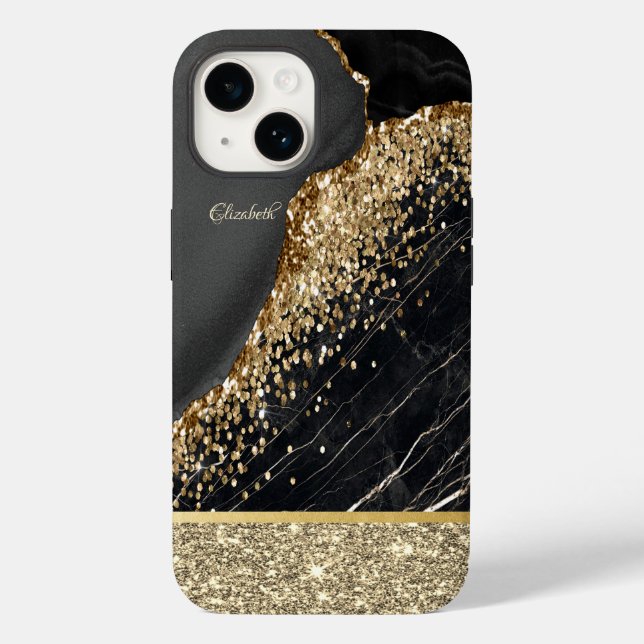 Stilvolle Gold Glitzer Sequins Black Marble Case-Mate iPhone Hülle (Rückseite)