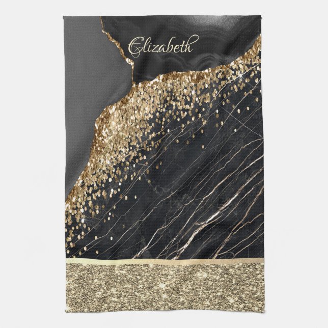Stilvolle Gold Glitzer Sequins Black Marble Geschirrtuch (Vertikal)
