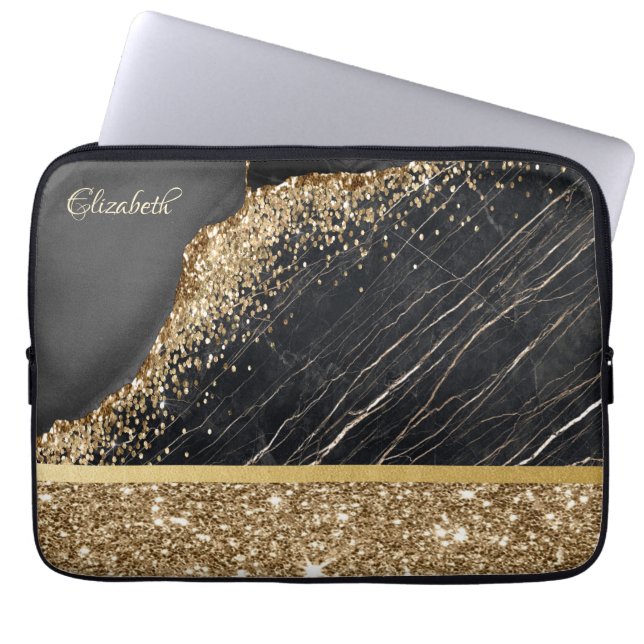 Stilvolle Gold Glitzer Sequins Black Marble Laptopschutzhülle (Vorderseite)