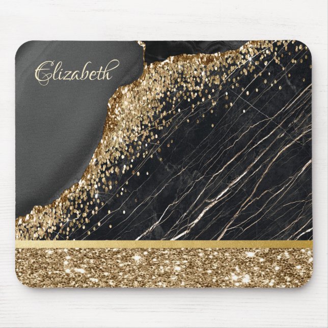 Stilvolle Gold Glitzer Sequins Black Marble Mousepad (Vorne)