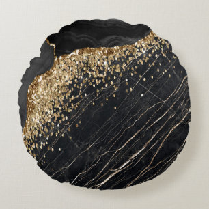 Stilvolle Gold Glitzer Sequins Black Marble Rundes Kissen