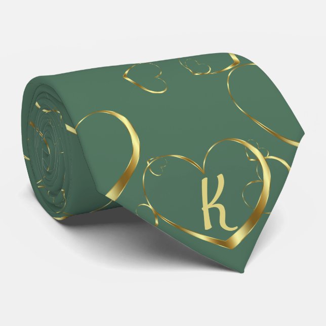 Stilvolle Gold Heart Monogram Green Valentine Lieb Krawatte (Gerollt)