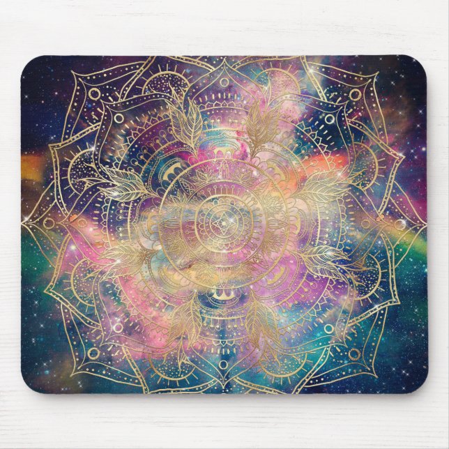 Stilvolle Gold mandala Aquarell & Nebula Farbenfro Mousepad (Vorne)