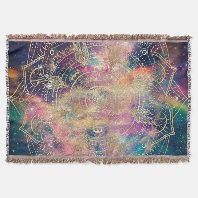 Stilvolle Gold Mandala Farbennebel Decke (Vorderseite)