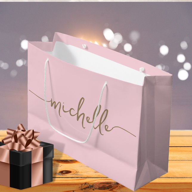 Stilvolle Gold Monogram Name Script Rosa Rosa Große Geschenktüte (Von Creator hochgeladen)