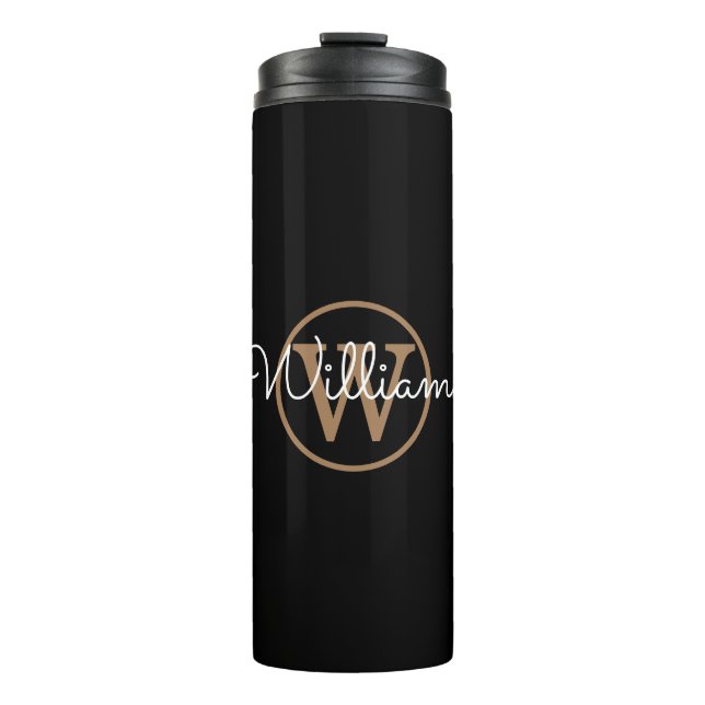 Stilvolle Gold Monogram Script Name Schwarz Thermosbecher (Vorderseite)