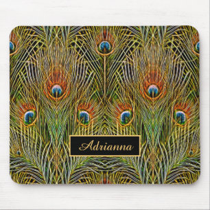 Stilvolle Gold Peacock Feathers mit Namen Mousepad