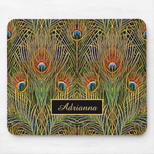 Stilvolle Gold Peacock Feathers mit Namen Mousepad (Vorne)