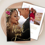 Stilvolle Gold Script 2 Foto Wedding Dankeschön Ca Dankeskarte<br><div class="desc">Modernes Boho Chic Gold Kalligraphie Script 2 Foto Hochzeit Dankeschön Karte. Stilvolle Hochzeit danke Ihnen Vorlage mit einem vollen vertikalen Foto auf der Vorderseite mit dem Text "Danke" in einem skurrilen Wirblen Handschrift Schrift Swash Schwanz Schriftart Drehbuch Imitate Goldfolie Overlay auf dem Bild. 2-seitige Karte mit 2 Foto. Einfaches Personalisieren...</div>