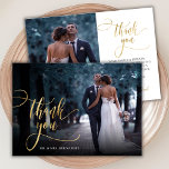 Stilvolle Gold Script 2 Foto Wedding Dankeschön Ca Dankeskarte<br><div class="desc">Modernes elegantes Boho Chic Gold Kalligrafie Script Wedding 2 Foto Vielen Dank. Stilvolle Hochzeit danke Ihnen Vorlage mit einem vollen vertikalen Foto auf der Vorderseite mit dem Text "Danke" in einer skurrilen Wirblen Hand Schrift Schriftzug Swash Schwanz Schriftart Overlay auf dem Bild und eine Rückseite ein (1) Foto und vorgefertigte...</div>