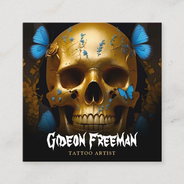 Stilvolle Gold Skull Butterflies Tattoo Artist Quadratische Visitenkarte (Vorderseite)