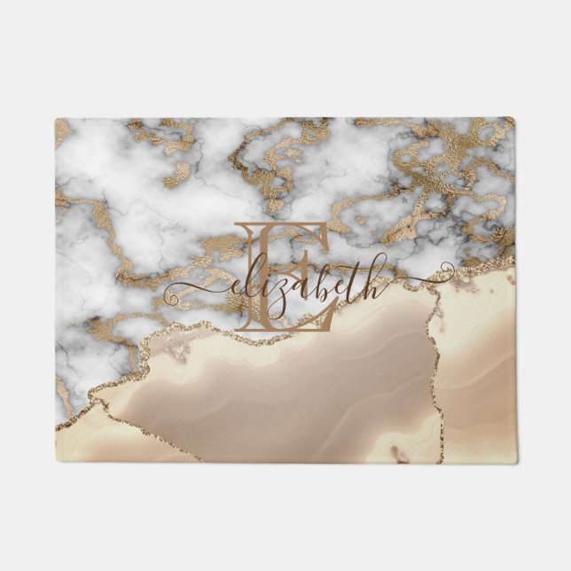 Stilvolle Goldcreme-Marmor-Monogram Fußmatte (Vorderseite)
