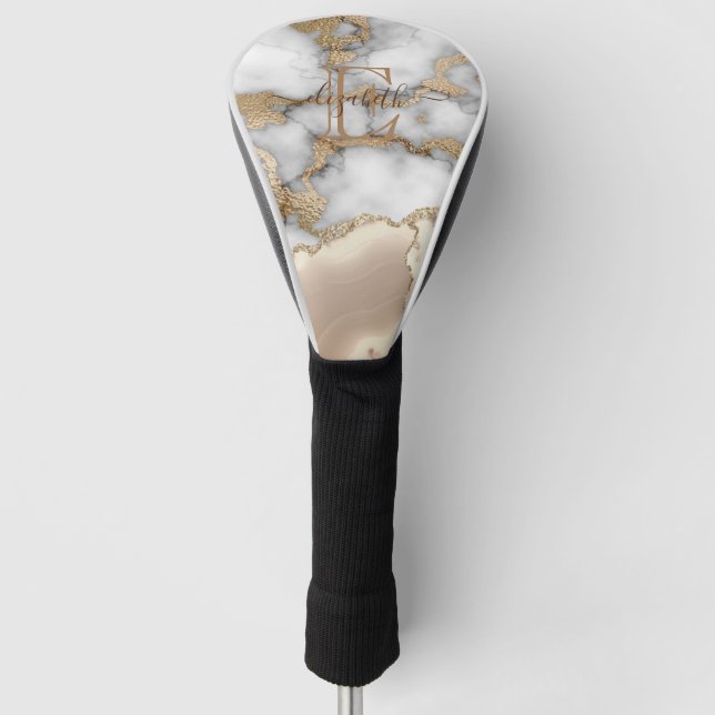 Stilvolle Goldcreme-Marmor-Monogram Golf Headcover (Vorderseite)