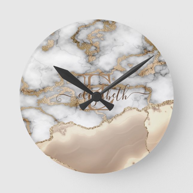 Stilvolle Goldcreme-Marmor-Monogram Runde Wanduhr (Vorderseite)