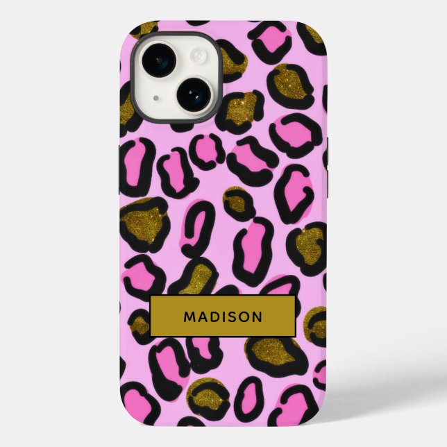 Stilvolle Golden Pink Glitzer Leopard Druckname Case-Mate iPhone Hülle (Rückseite)
