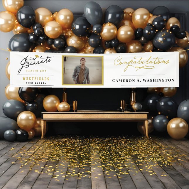 Stilvolle Graduate Script 1 Foto Graduation Party Banner (Stylish Graduate Script Photo Modern Minimalist Graduation Party Banner @ zazzle.com/color_therapy)