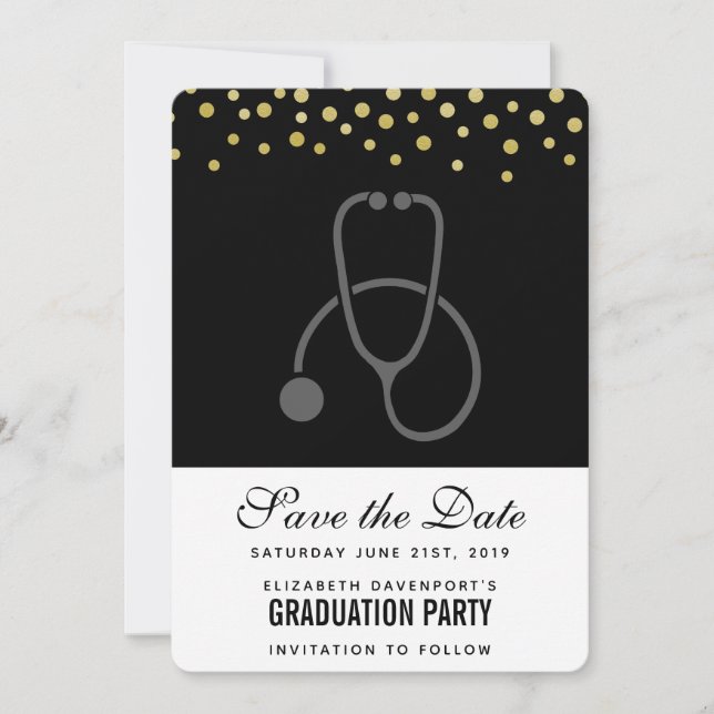 Stilvolle Graduation Party Gray auf Black Stethosc Save The Date (Vorderseite)