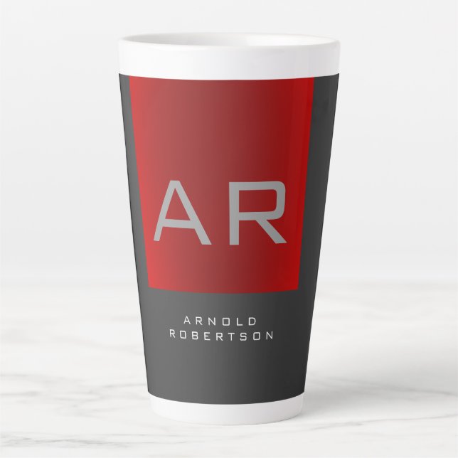 Stilvolle, grau-rote Trendy Monogram-Name Milchtasse (Vorderseite)
