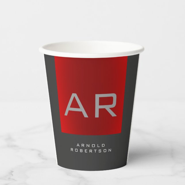 Stilvolle, grau-rote Trendy Monogram-Name Pappbecher (Vorderseite)