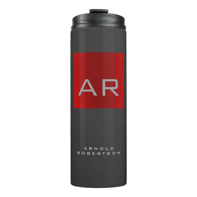 Stilvolle, grau-rote Trendy Monogram-Name Thermosbecher (Vorderseite)