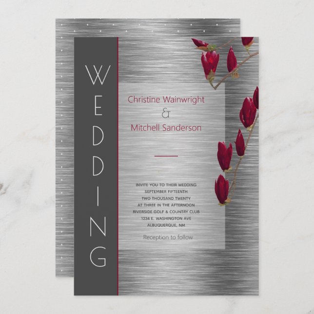 Stilvolle graue Metallic Burgundy Floral Wedding Einladung (Vorne/Hinten)