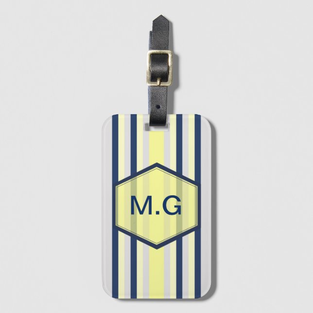 Stilvolle graue und gelbe Streifen Monogramm Gepäckanhänger (Vorderseite Vertikal)