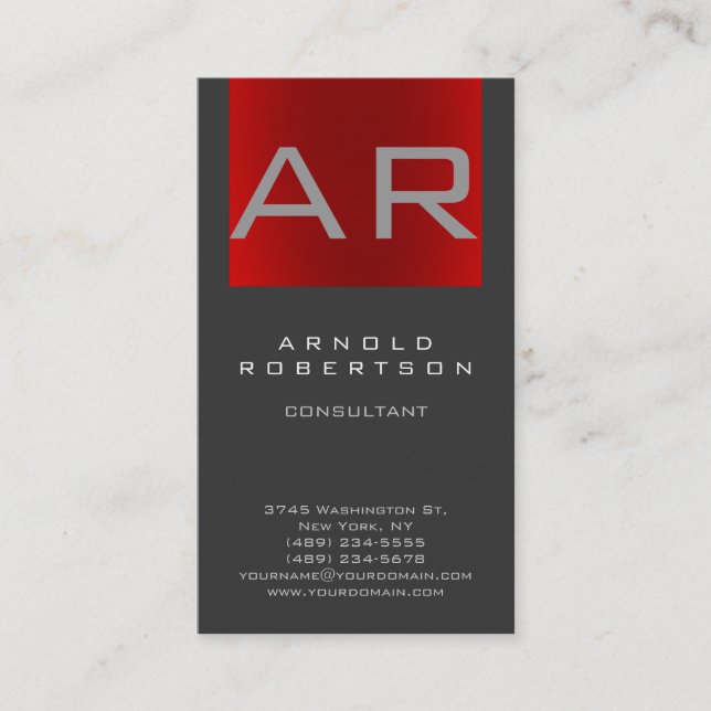Stilvolle Gray Red Stripe Monogram Business Card Visitenkarte (Vorderseite)