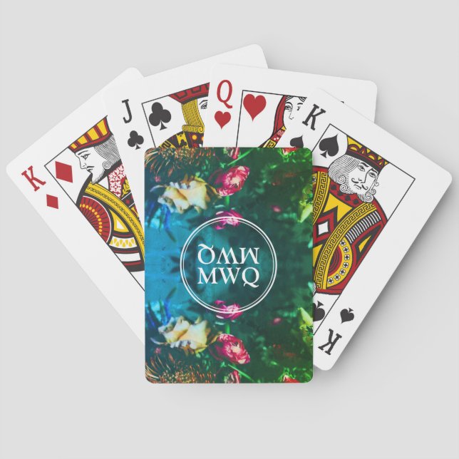 Stilvolle Green Floral Personalisiert Monogram Spielkarten (Rückseite)