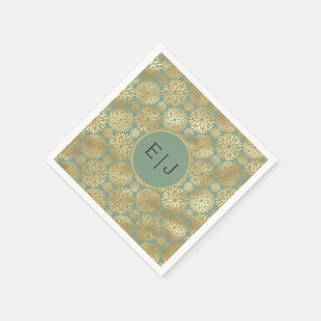 Stilvolle Green & Gold Dahlias Muster Monogram Serviette (Ecke)