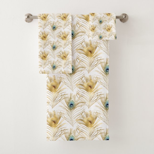 Stilvolle Green Gold Peacock Feathers Badhandtuch Set (Insitu)
