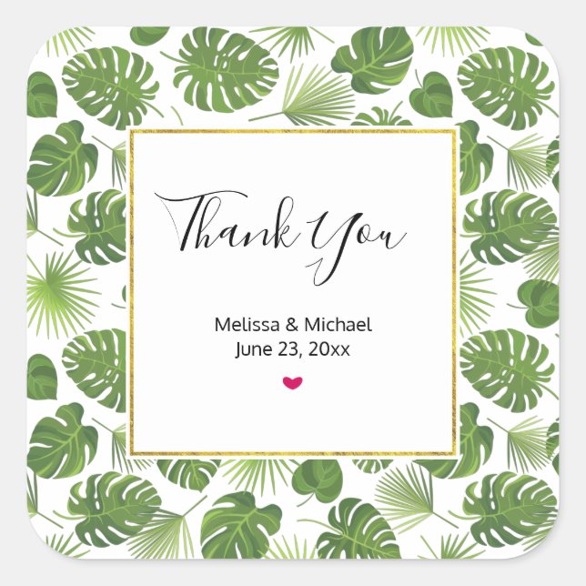 Stilvolle Grün-Tropen-Blätter-Muster Hochzeit Quadratischer Aufkleber (Vorderseite)