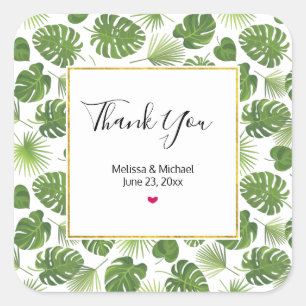 Stilvolle Grün-Tropen-Blätter-Muster Hochzeit Quadratischer Aufkleber