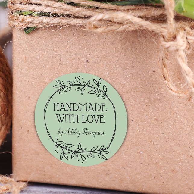 Stilvolle Grünanlage Handgefertigt mit Liebe Name  Runder Aufkleber (Stylish Greenery Handmade With Love Name Green Classic Round Sticker)