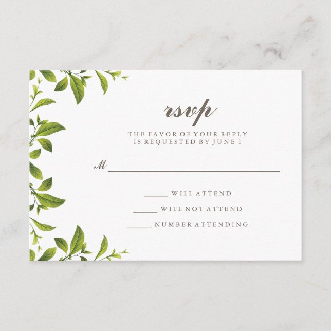 Stilvolle grüne botanische Blätter Hochzeit RSVP (Vorderseite)